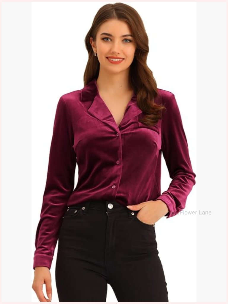 Velvet Blouse Long Sleeve Collar Button Down Shirt Top For Women